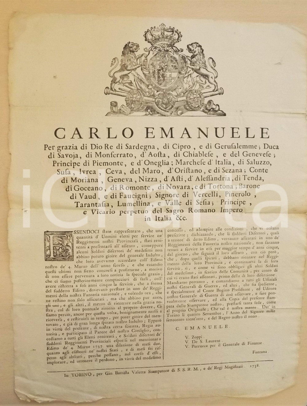 1738 REGNO DI SARDEGNA Proroga per l'indulto ai disertori - Manifesto 36x46 cm