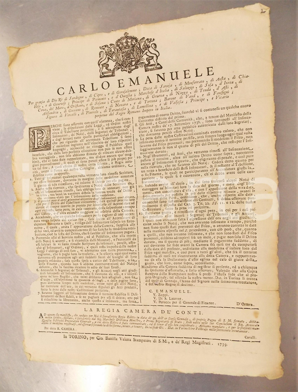 1739 REGNO DI SARDEGNA Norme sul tabellione per insinuatori e notai - Manifesto