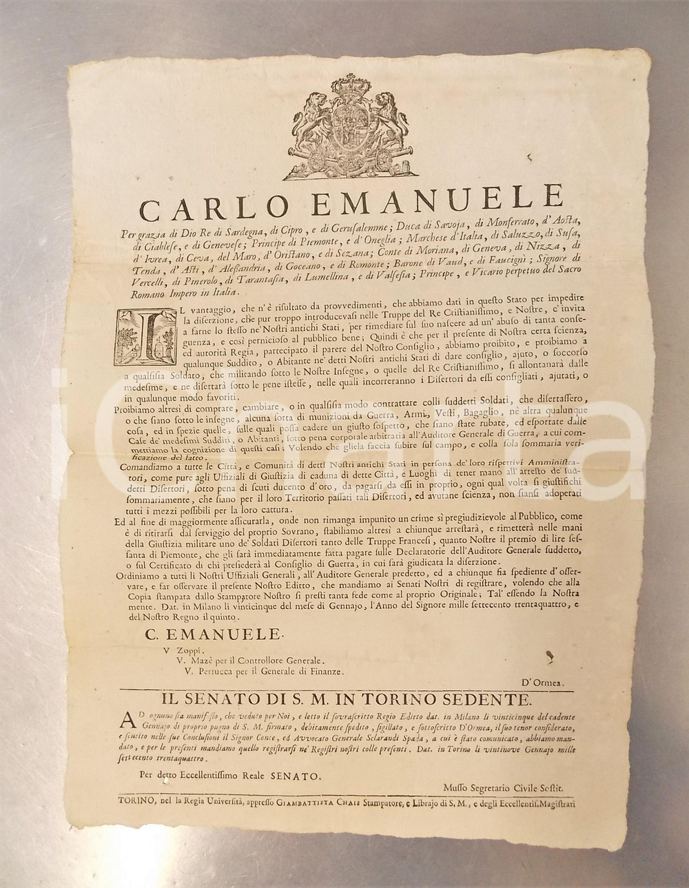 1734 REGNO DI SARDEGNA Divieto di soccorso ai disertori - Manifesto 30x41 cm