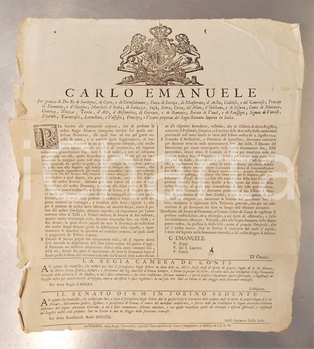 1736 TORINO REGIE FINANZE Imposizione fiscale per le province - Manifesto 40x45