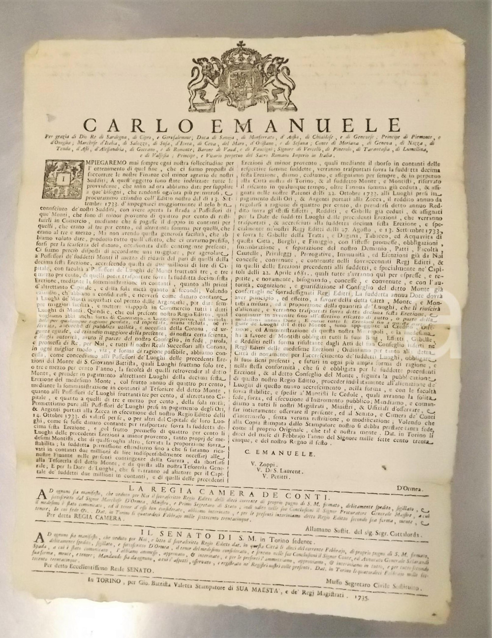 1735 TORINO FINANZA Aumento capitale pro possessori luoghi di monte ^Manifesto