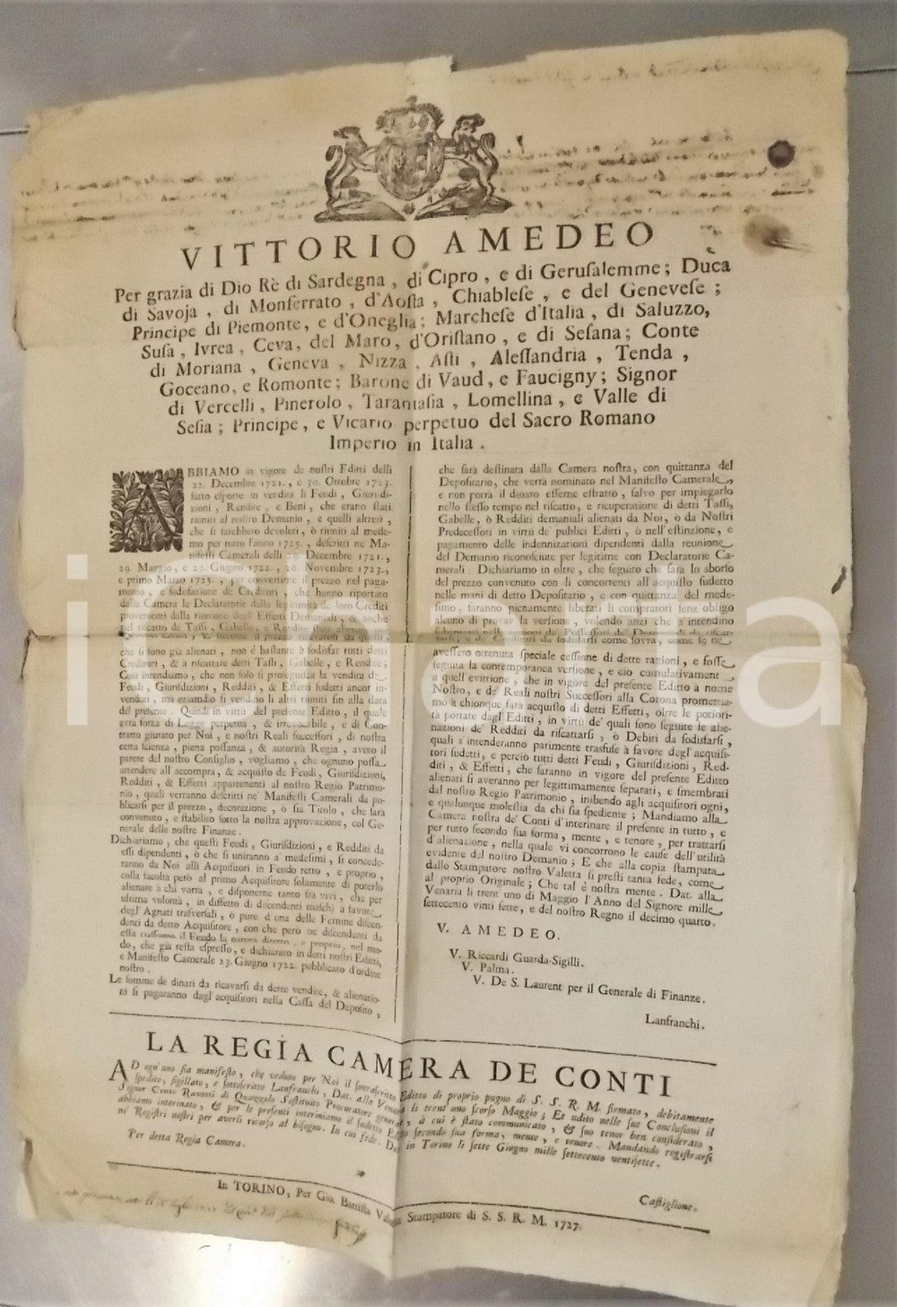 1727 REGNO DI SARDEGNA Vendita feudi e beni demaniali - Manifesto 40x55 cm