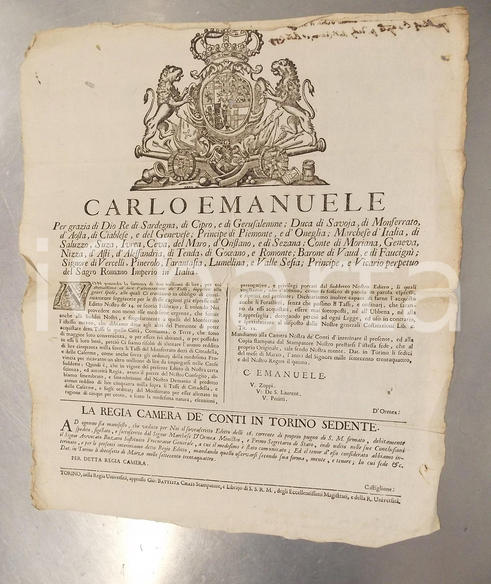 1734 REGNO DI SARDEGNA Alienazione reddito sui tassi del MONFERRATO - Manifesto