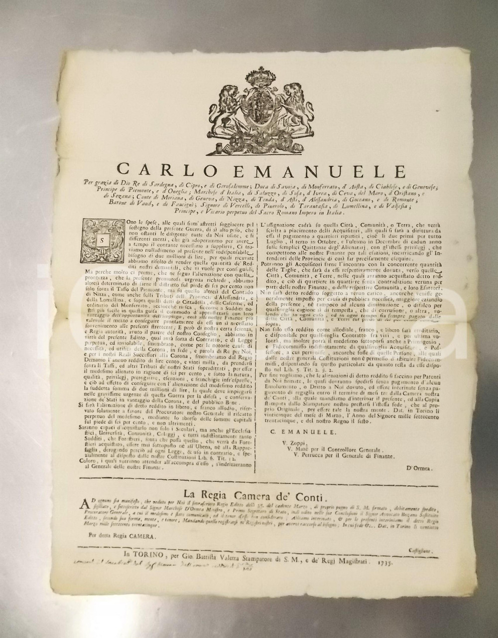 1735 TORINO Alienazione redditi demaniali per esigenze di guerra - Manifesto