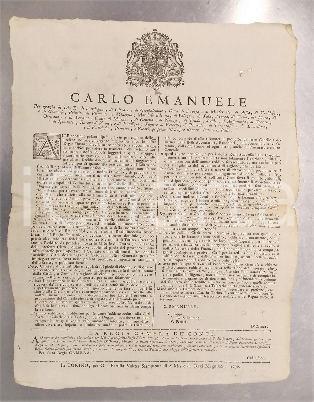 1736 REGNO DI SARDEGNA Alienazione censi su gabelle alla città di Torino