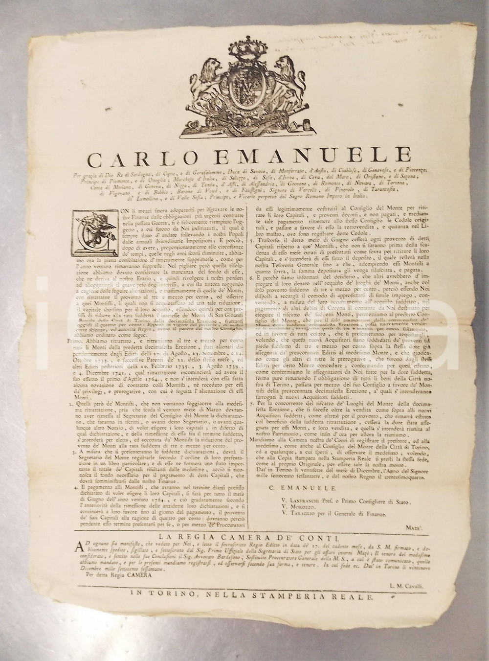 1734 REGNO DI SARDEGNA FINANZA Sugli interessi dei luoghi di monte - Manifesto