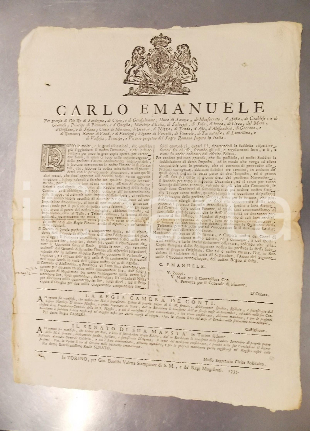 1735 TORINO Imposizione straordinaria alle province per esigenze di guerra