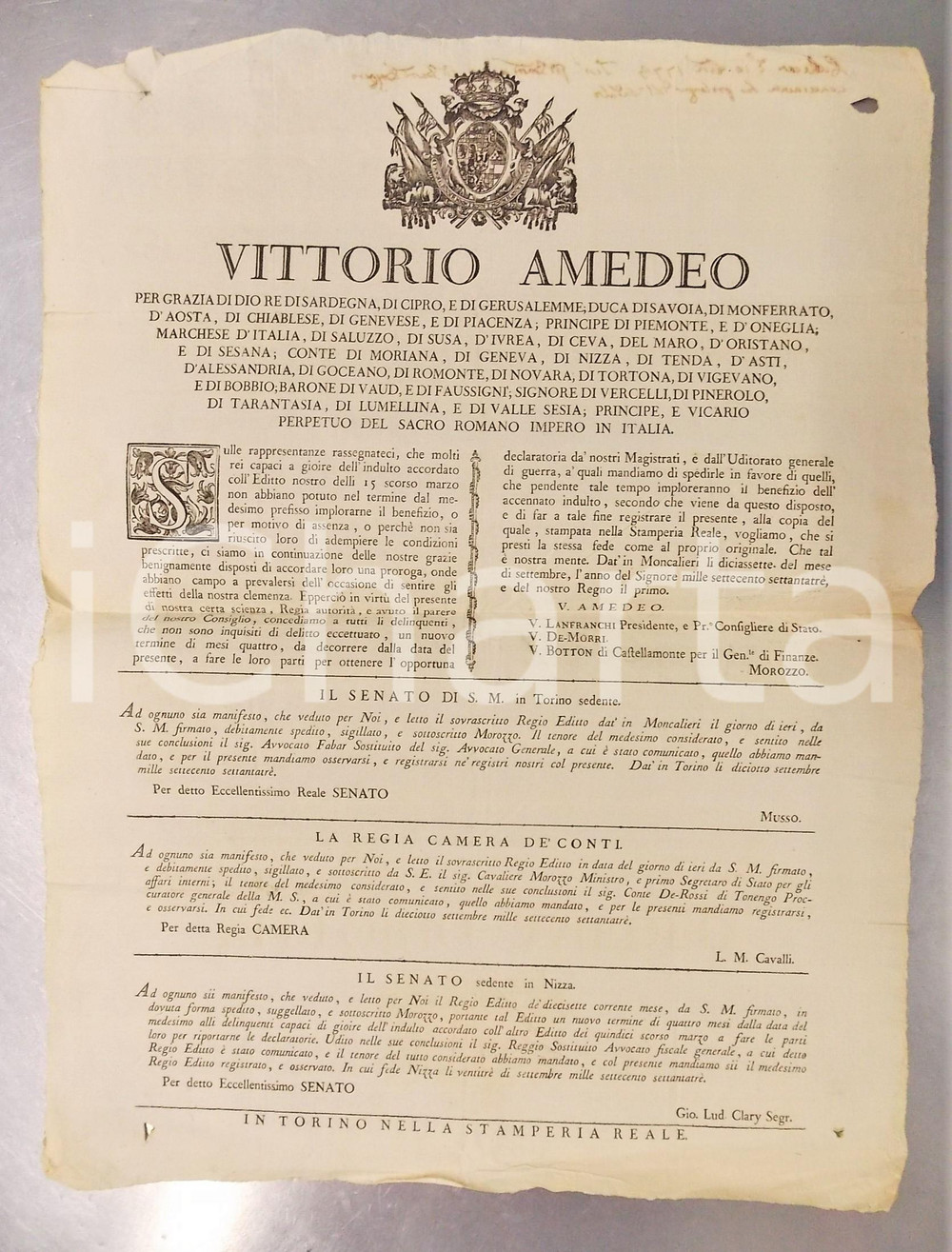 1773 REGNO DI SARDEGNA Proroga indulto per tutti i delinquenti - Manifesto 36x48