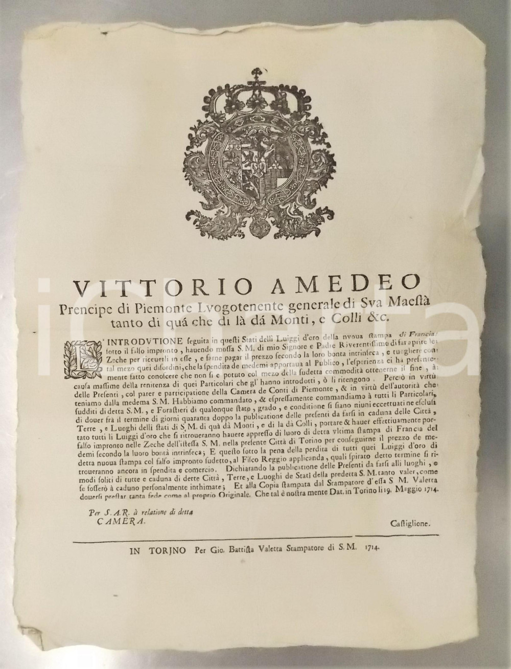 1714 TORINO MONETE Consegna luigi d'oro francesi di falso conio - Manifesto