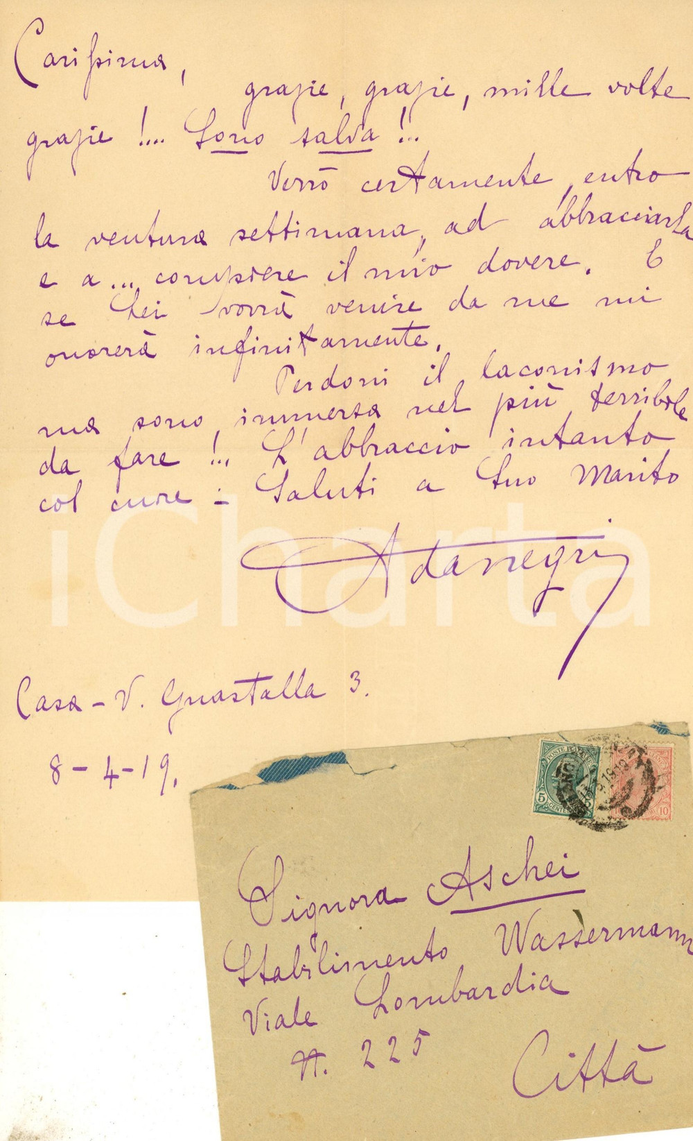 1919 MILANO Ada NEGRI promette visita ad amica Adele ASCHEI - AUTOGRAFO