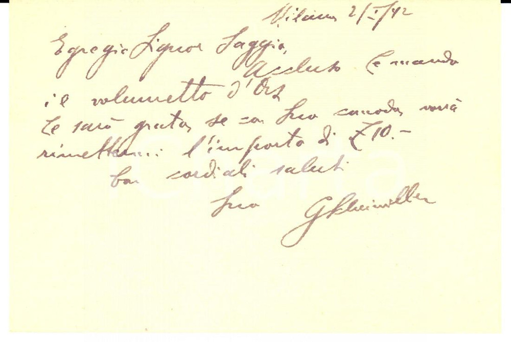 1942 MILANO Biglietto Giovanni SCHEIWILLER per invio volume - AUTOGRAFO