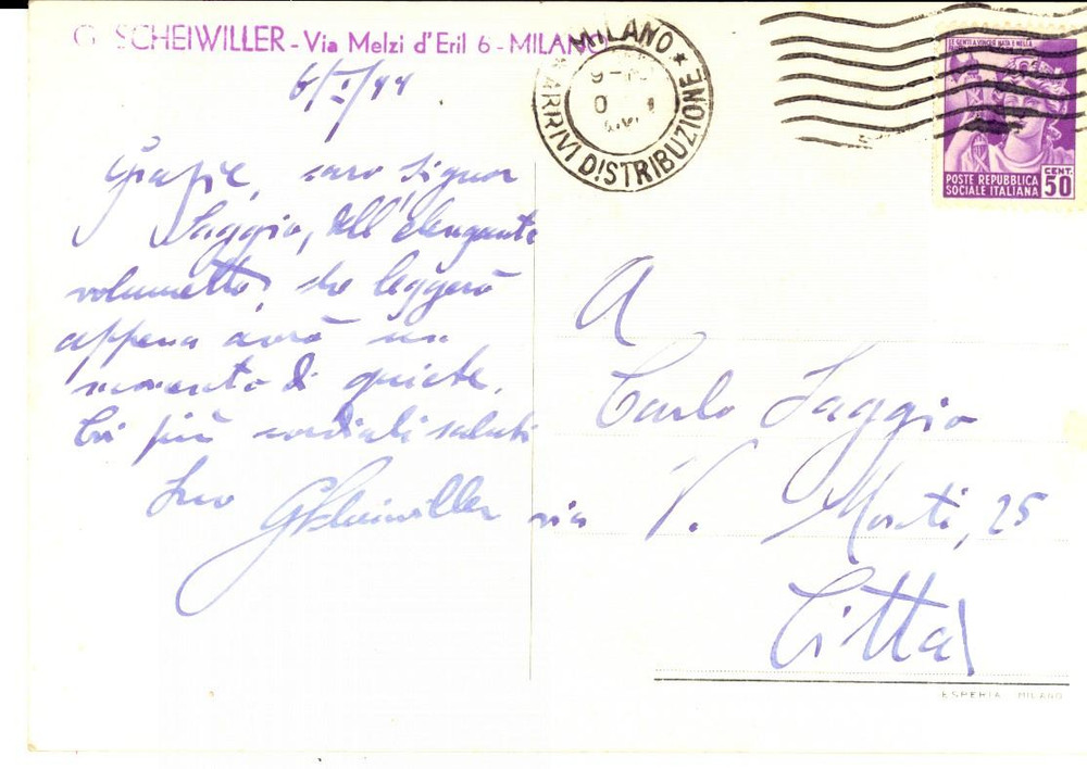 1944 MILANO Cartolina Giovanni SCHEIWILLER a Carlo SAGGIO - Girotondo *AUTOGRAFO