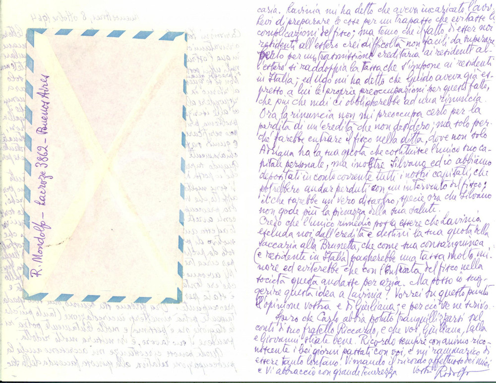 1964 BUENOS AIRES Lettera Rodolfo MONDOLFO su questioni familiari ^AUTOGRAFO Lunga lettera, interamente autografa, del filosofo Rodolfo Mondolfo all'amico ingegnere Carlo Fu&agrave;, relativa a questioni familiari. Busta viaggiata. CONDIZIONI: FAIR (piegature d'epoca)FORMATO: 14x22 cmPAGINE: 4 (2 scritte)    originale e autentica 1