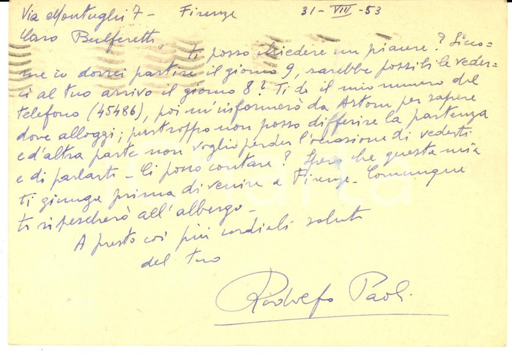 1953 FIRENZE Rodolfo PAOLI chiede appuntamento a Luigi BULFERETTI - AUTOGRAFO