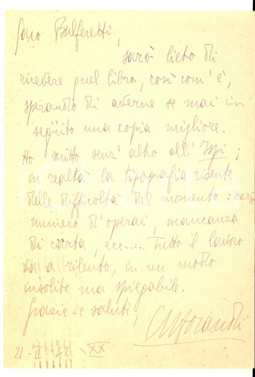 1942 WW2 FIRENZE Carlo MORANDI e le difficoltà dell'editoria - AUTOGRAFO