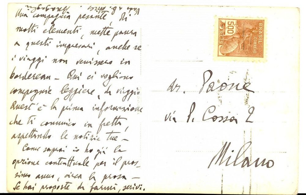 1940 ca BRASILE Anton Giulio BRAGAGLIA "Ci vogliono compagnie leggere" AUTOGRAFO Cartolina postale interamente autografa del celebre regista e artista, scritta da San Paolo del Brasile a Remigio Paone.Bragaglia scrive che in Brasile non funzionano le compagnie con molti elementi, mentre sono richieste "compagnie leggere, da viaggio". CONDIZIONI: G GOOD/buono  Formato: 14x9 cm originale e autentica 1