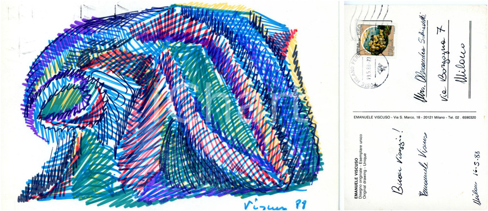 1988 ARTE Emanuele VISCUSO - Disegno ORIGINALE *Cartolina con AUTOGRAFO Cartolina viaggiata, con disegno originale dell'artista autografato. DIMENSIONI: 15x10 cm CONDIZIONI: G (ma piccola piegatura all'angolo superiore destro)     originale e autentica 1