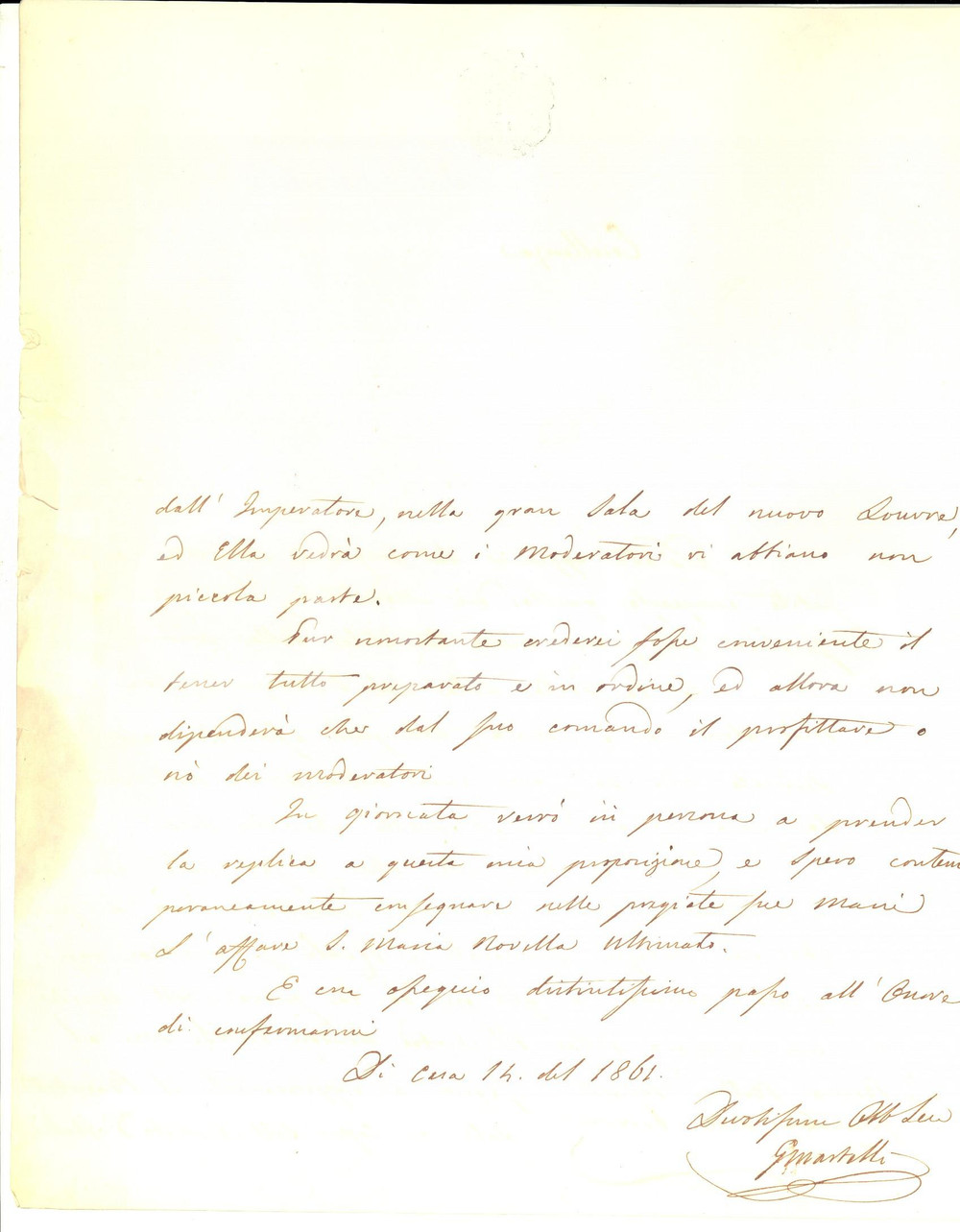 1861 FIRENZE Giuseppe MARTELLI sull'organizzazione delle feste - AUTOGRAFO Lettera autografa del celebre architetto a Bettino Ricasoli, in merito all'organizzazione di feste con i Moderatori nel Palazzi Reali e Imperiali.Carta intestata con stemma reale.CONDIZIONI: FAIR (piegature d'epoca e gualciture al margine destro, con danni da umidit&agrave;)PAGINE: 4 (2 scritte)    originale e autentica 1