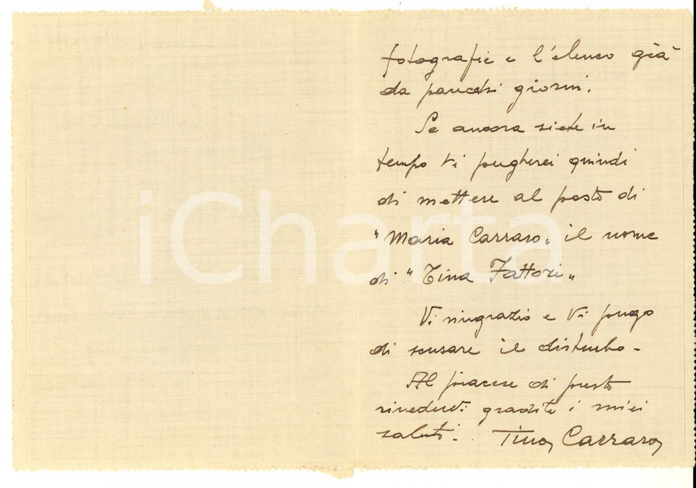 1940 ROMA Lettera Tino CARRARO per correzione nome moglie - AUTOGRAFO Biglietto postale autografo dell'attore Tino Carraro al regista Remigio Paone, cui chiede di non inserire il vero nome della moglie nell'elenco degli attori della compagnia. CONDIZIONI: FAIR (macchia alla prima pagina)PAGINE: 2 facciate scritte    originale e autentica 1