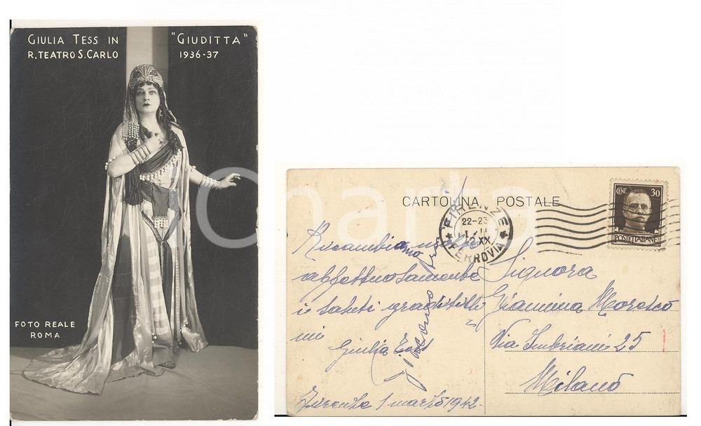 1942 FIRENZE Cartolina soprano Giulia TESS in "Giuditta" a Napoli - AUTOGRAFO Cartolina postale, con messaggio autografo al verso, del soprano Giulia Tess.Al recto, fotografia seriale, scattata durante la messa in scena della "Giuditta" al San Carlo di Napoli del 1936-37.Viaggiata.FORMATO: FPCONDIZIONI: G    originale e autentica 1