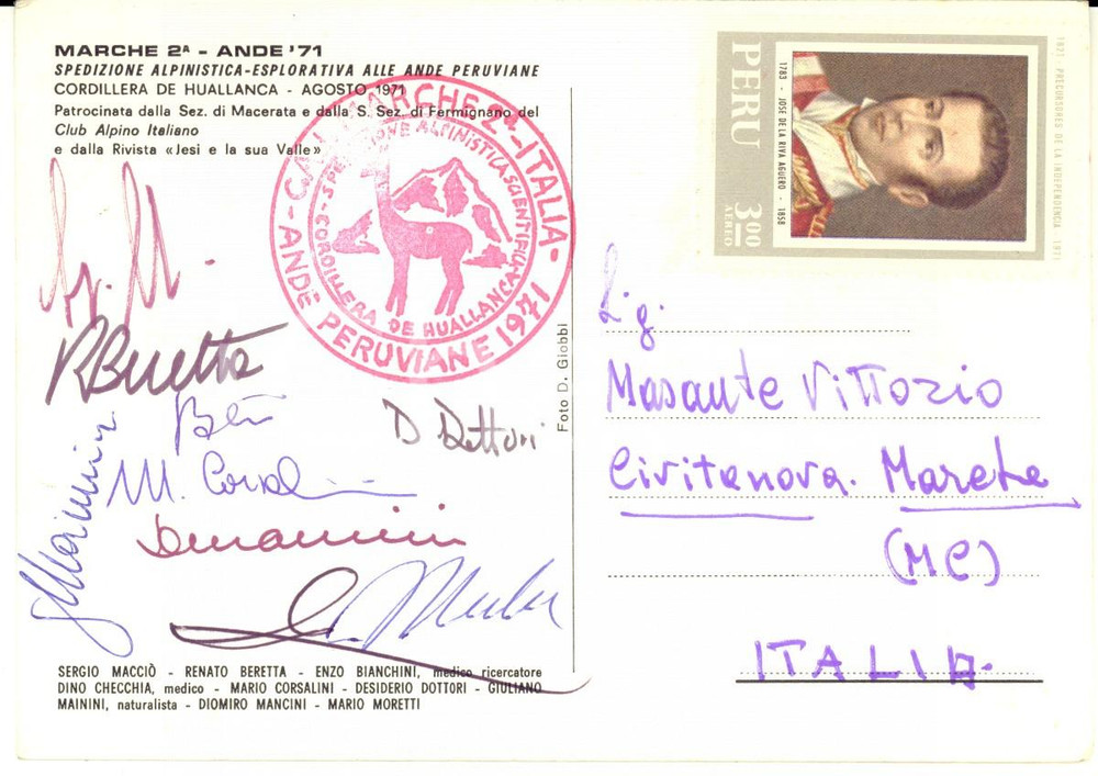 1971 ALPINISMO Spedizione Ande Peruviane - HUALLANCA - Cartolina AUTOGRAFI