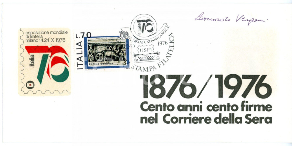 1976 MILANO CORRIERE DELLA SERA Leonardo VERGANI *Biglietto AUTOGRAFO Timbro FDC