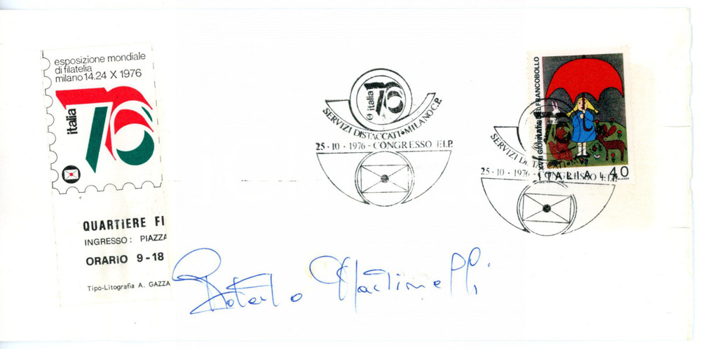 1976 MILANO CORRIERE DELLA SERA Roberto MARTINELLI *Biglietto AUTOGRAFO - FDC  Biglietto su cartoncino, recante l'annullo del primo giorno, firmato dal giornalista Roberto Martinelli.Occasione dell'emissione filatelica &egrave; il centenario del Corriere della Sera. CONDIZIONI: FAIR (rifilato al margine destro)FORMATO: 20x10 cm    originale e autentica 1