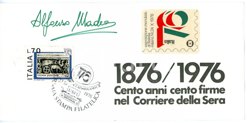 1976 MILANO CORRIERE DELLA SERA Alfonso MADEO *Biglietto AUTOGRAFO - Timbro FDC