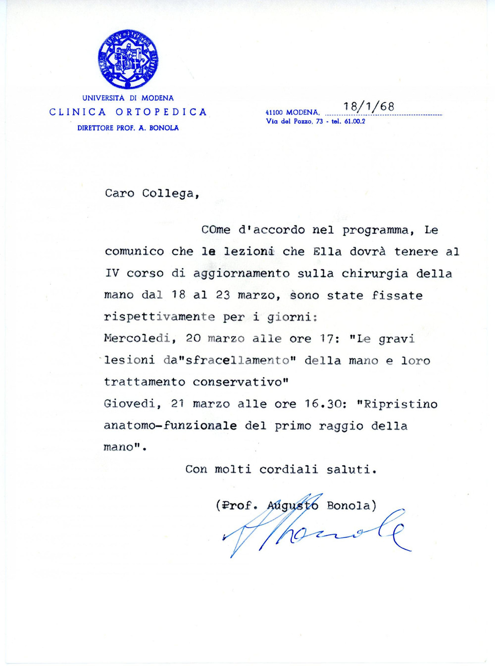 1968 UNIVERSITA' DI MODENA Augusto BONOLA lettera AUTOGRAFA