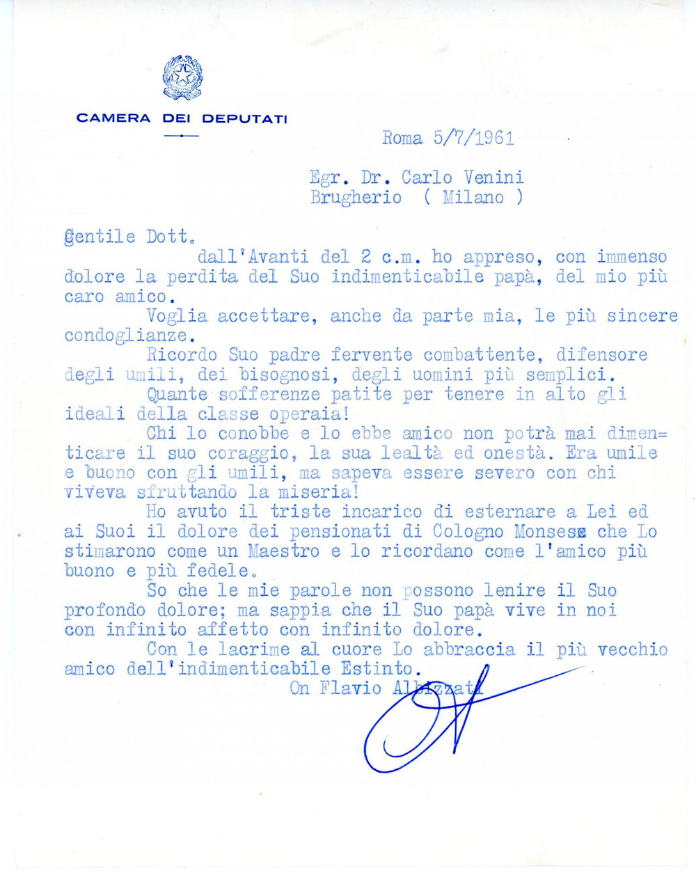1961 ROMA Condoglianze Flavio ALBIZZATI *Lettera dattiloscritta con AUTOGRAFO