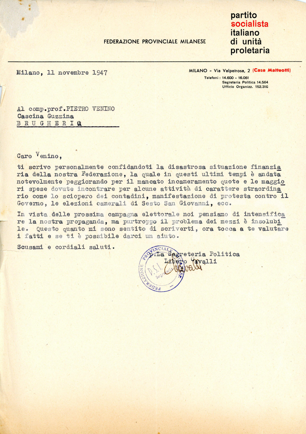 1947 MILANO Libero CAVALLI su disastrosa situazione finanziaria PSI milanese