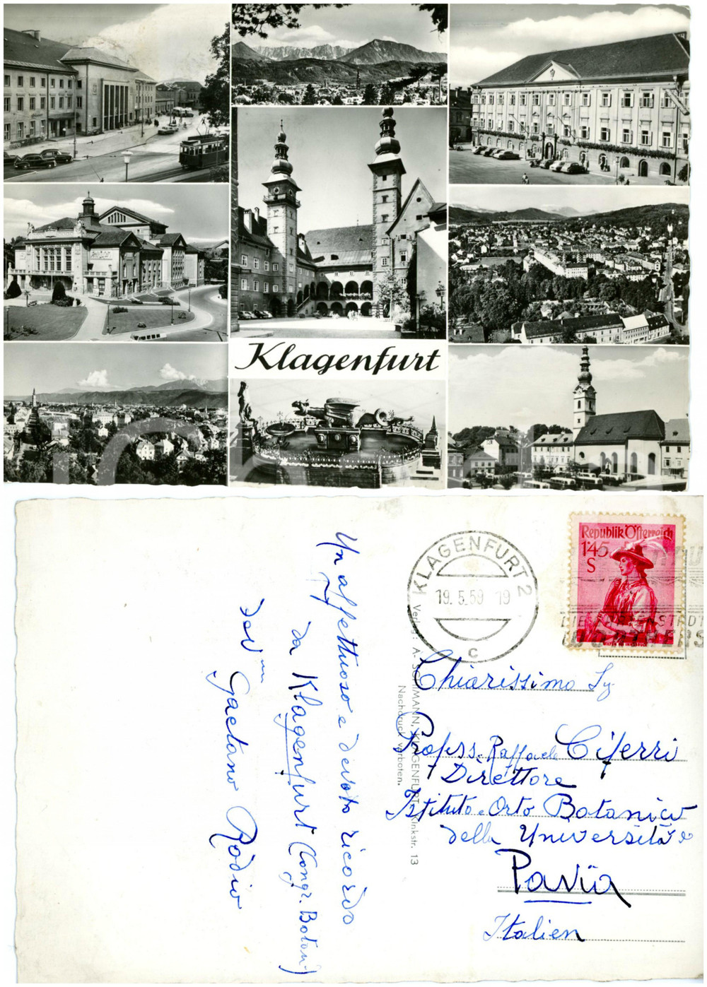 Cartolina originale da collezione 1959 KLAGENFURT AM WORTHERSEE Vedutine della cittÃ  Autografo Gaetano RODIO  FG 1