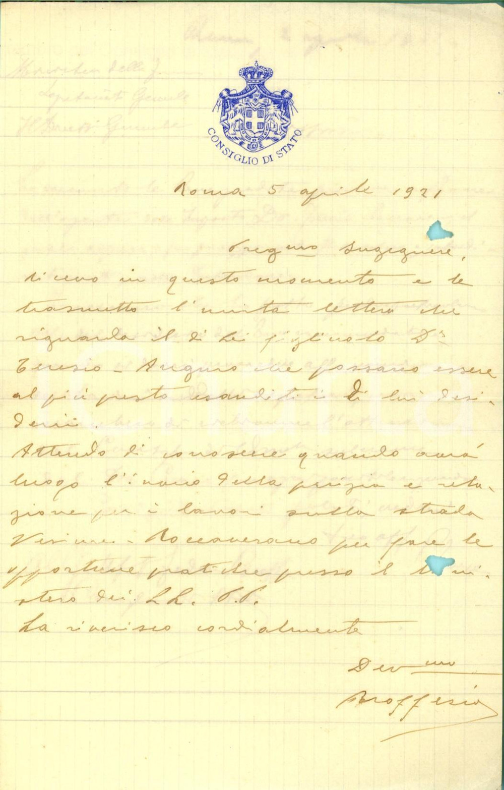 Autografo originale 1921 ROMA Federico BROFFERIO promette aiuto per avanzamento carriera  AUTOGRAFO 1