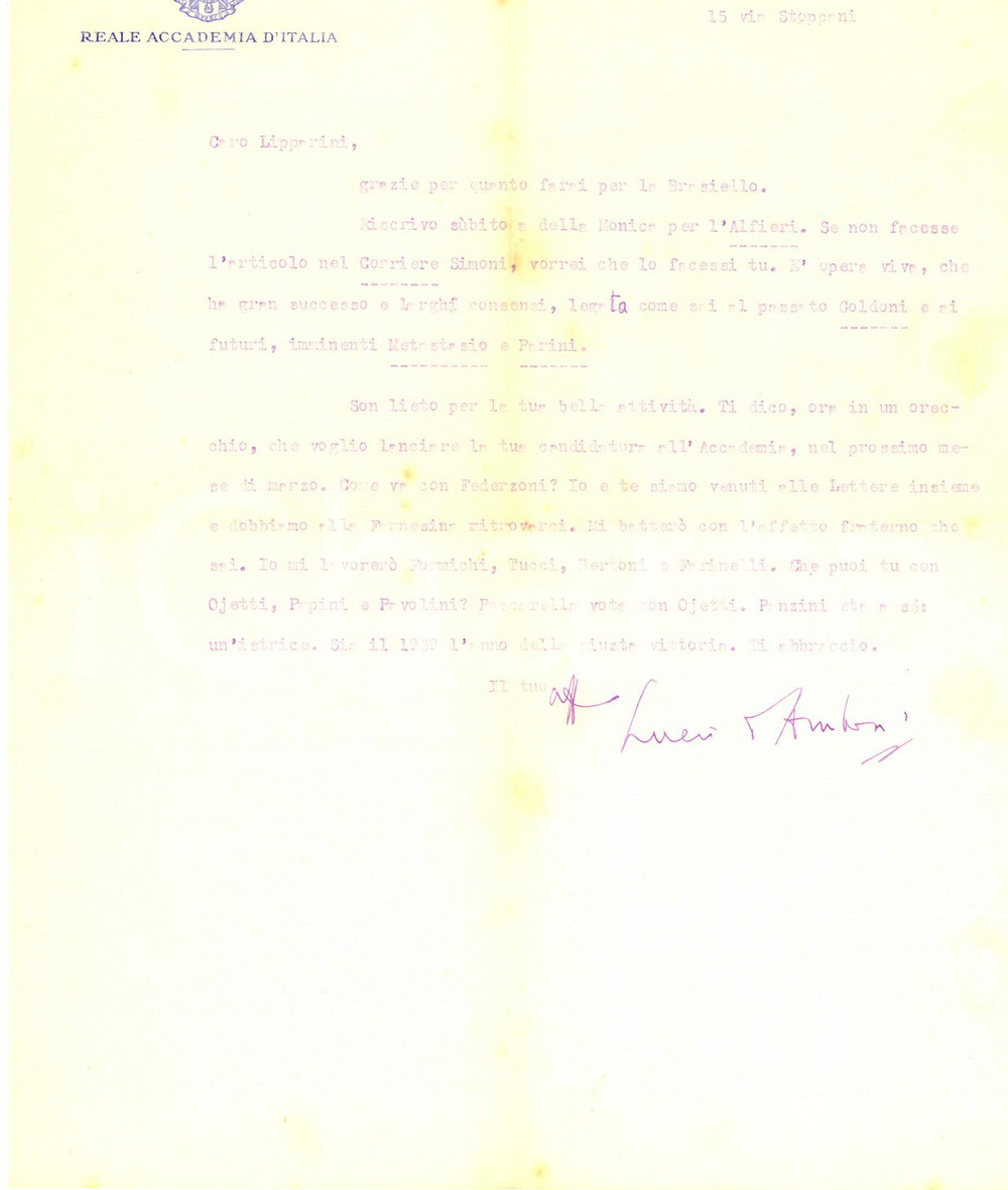 1938 ROMA Reale Accademia d'Italia - Lettera Lucio D'AMBRA - AUTOGRAFO