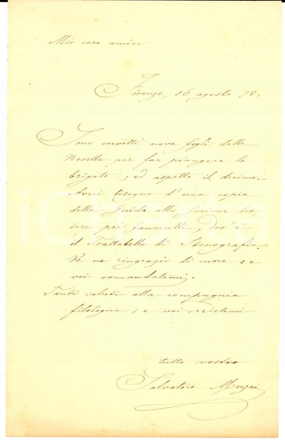 1870 FIRENZE Salvatore MUZZI chiede volume di scrittura per fanciulli *AUTOGRAFO
