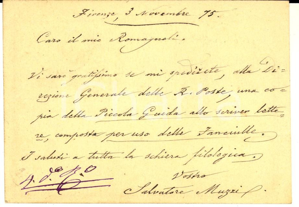 1875 FIRENZE Salvatore MUZZI - Cartolina per invio guida - AUTOGRAFO
