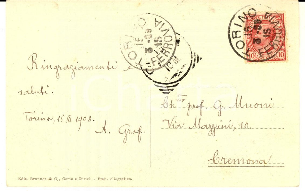1908 TORINO Arturo GRAF - Cartolina postale con messaggio AUTOGRAFO