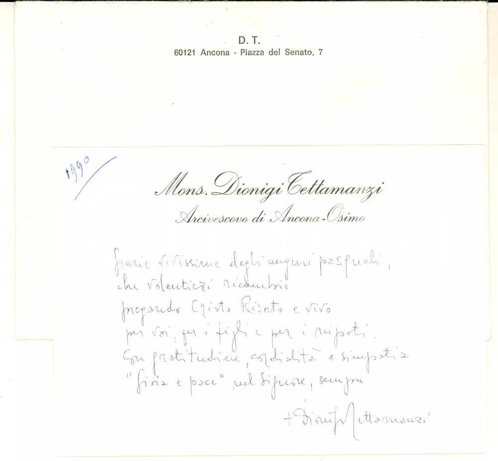 1990 ANCONA Mons. Dionigi TETTAMANZI - Biglietto auguri AUTOGRAFO