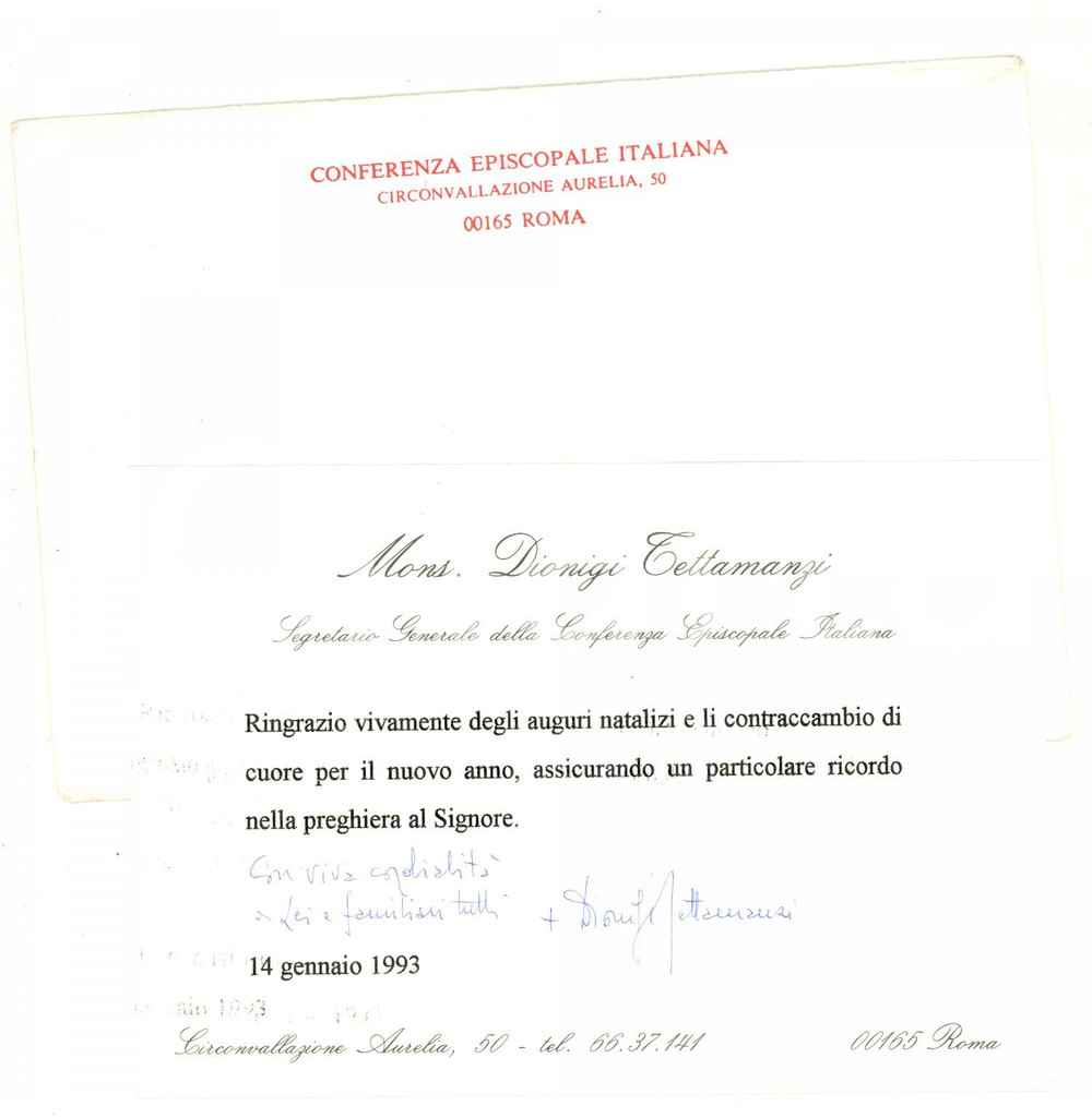1993 ROMA Mons. Dionigi TETTAMANZI Segretario CEI - Biglietto AUTOGRAFO