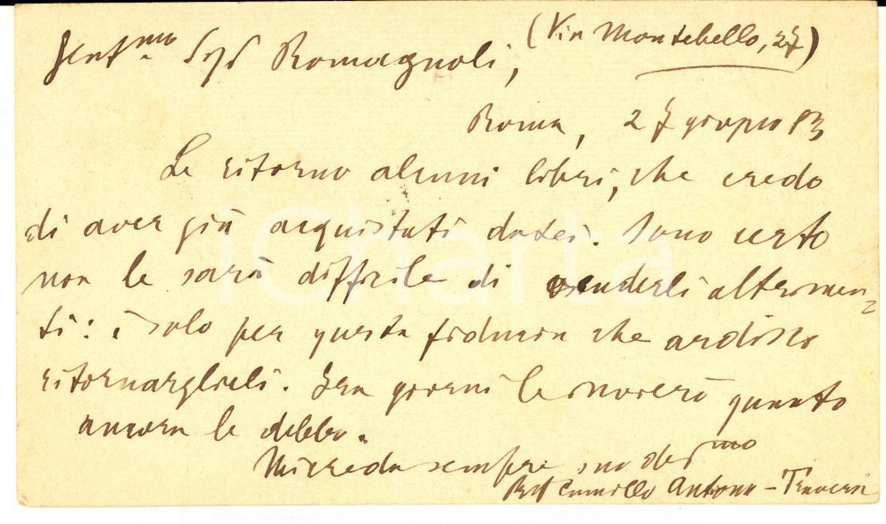 1883 ROMA Camillo ANTONA TRAVERSI restituisce libri a ROMAGNOLI - AUTOGRAFO
