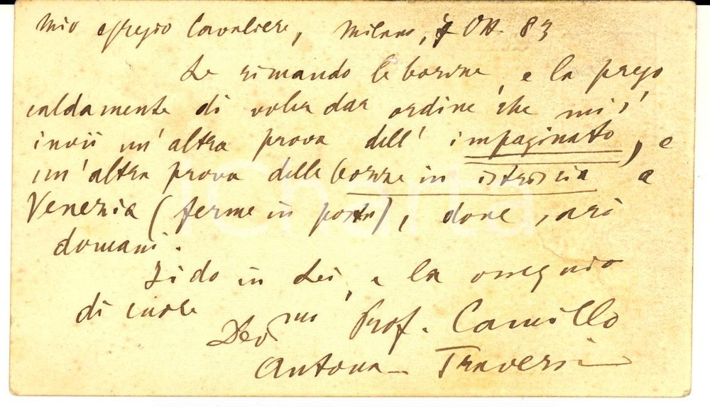 1883 MILANO Camillo ANTONA TRAVERSI invia bozze a editore ROMAGNOLI - AUTOGRAFO