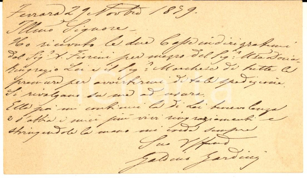 1879 FERRARA Galdino GARDINI ringrazia per Raffaello Gestro - AUTOGRAFO