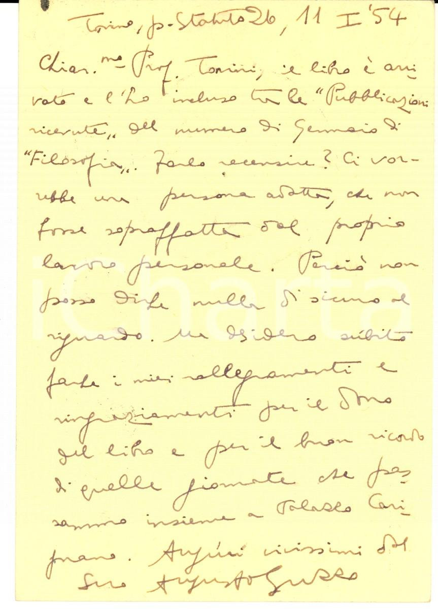 1954 TORINO Filosofo Augusto GUZZO ringrazia per un libro - AUTOGRAFO
