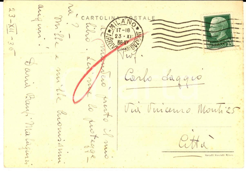 1936 MILANO Contessa Daria BANFI MALAGUZZI a Carlo SAGGIO - AUTOGRAFO