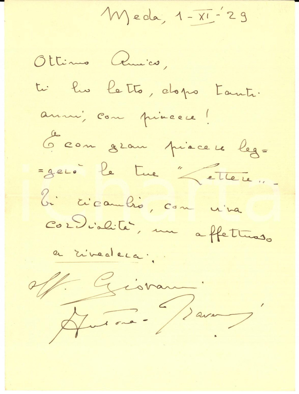 1929 MEDA Giannino ANTONA TRAVERSI - Lettera per libro ricevuto - AUTOGRAFO