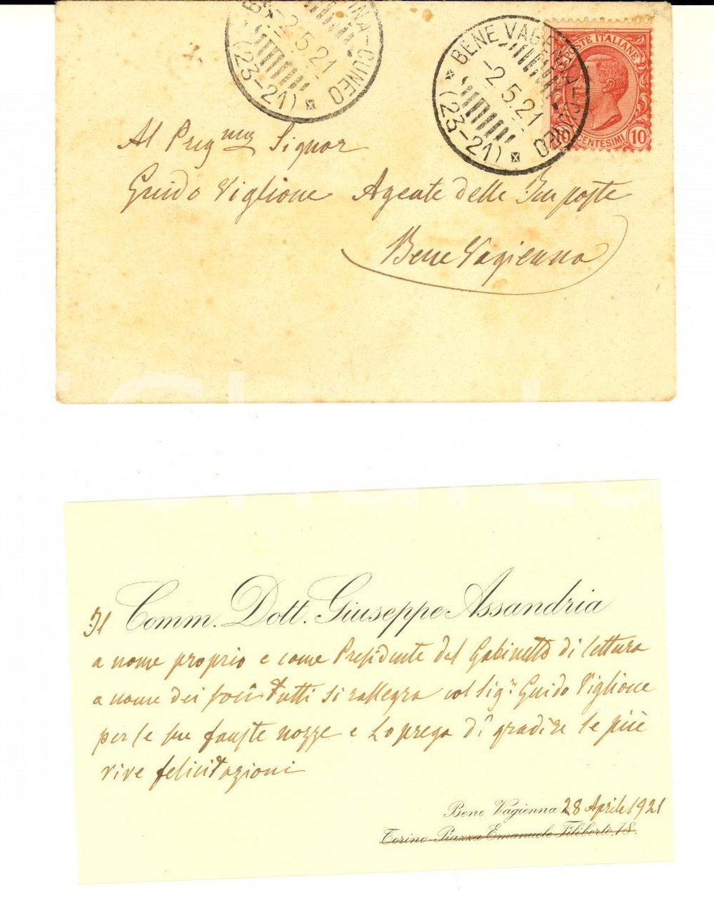 1921 BENE VAGIENNA Biglietto Giuseppe ASSANDRIA archeologo - AUTOGRAFO