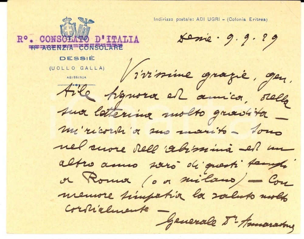 1929 AOI DESSIE' (ETIOPIA) Console Carlo ANNARATONE - Biglietto AUTOGRAFO