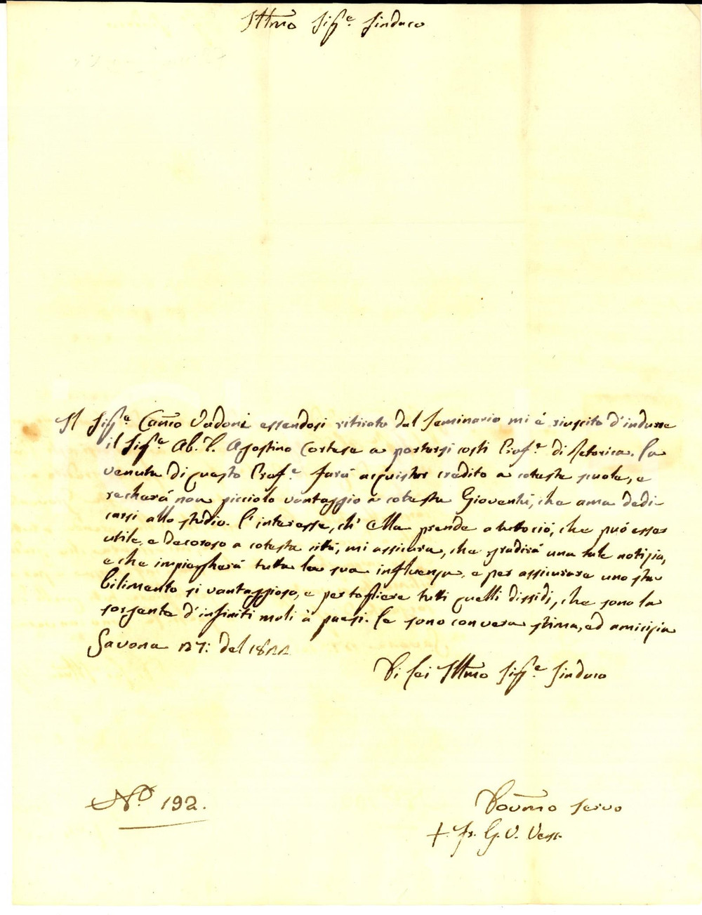 1822 SAVONA Mons. Giuseppe Vincenzo AIRENTI su abate Agostino CORTESE *AUTOGRAFO