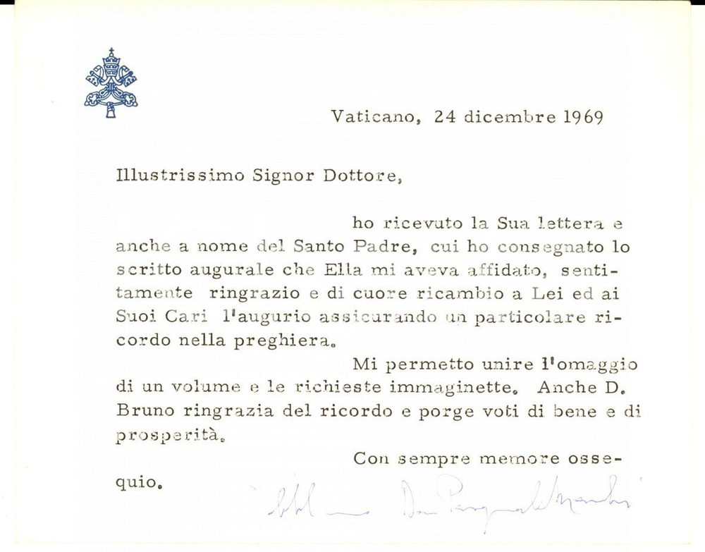 1969 VATICANO Mons. Pasquale MACCHI - Biglietto ringraziamento AUTOGRAFO