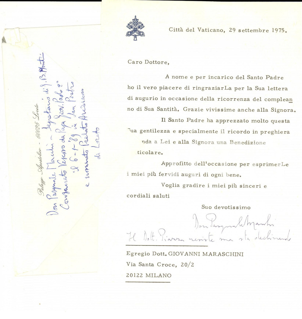 1975 VATICANO Mons. Pasquale MACCHI - Lettera ringraziamento AUTOGRAFO